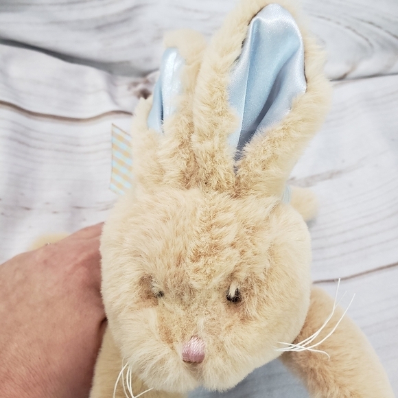 Bearington Baby Tan Blue Bunny Rabbit Plush Stuffed Toy 8 Inch Satin Rattle Bow - Picture 2 of 9